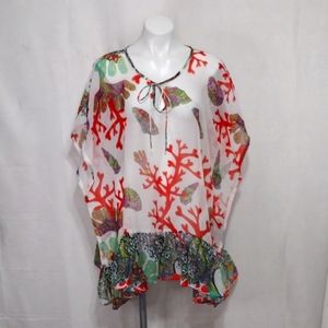 NWT Antica Sartoria Boho Chiffon Poncho Kaftan Top Ruffled Hem Vacation Chic OS
